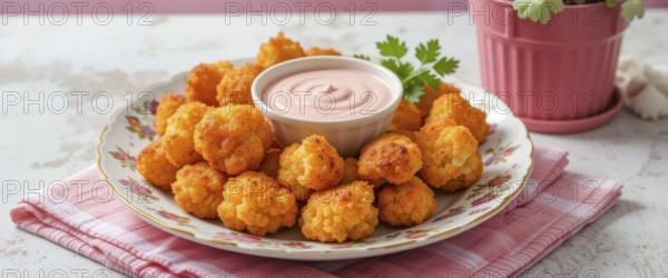 A plate of golden-brown, crispy cauliflower bites served with a creamy dipping sauce, perfect for a