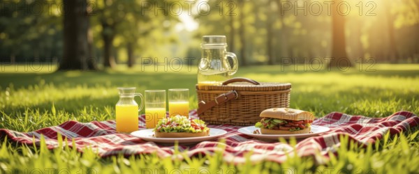 A delightful picnic scene set on a sunny day in a park. Features sandwiches, juice, and a basket on
