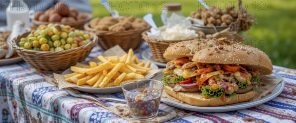 A delightful picnic spread featuring a gourmet burger, golden fries, various fruits and snacks on a