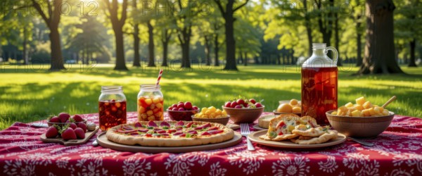 A delightful picnic spread out on a red patterned blanket in a sunny park, featuring pizza, fruits,