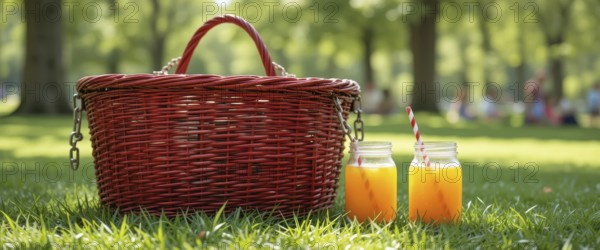 A red picnic basket with two orange drinks on the grass, with a blurred background of trees and