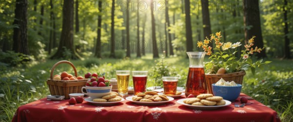 A vibrant picnic setup in a sunny forest clearing. A red tablecloth is laden with food, including
