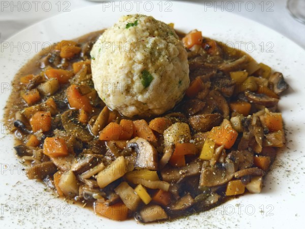 Vegetable stew with mushrooms and bread dumplings on a white plate, seasoned and served Lower