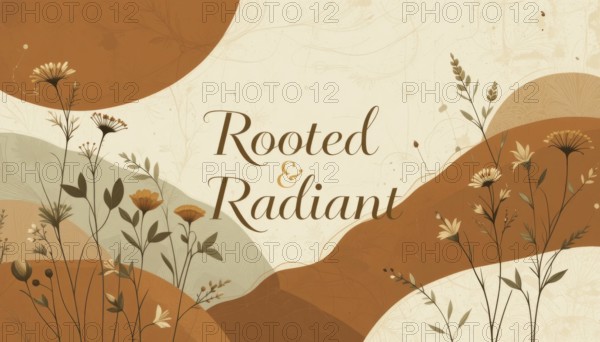 An artistic illustration features the words Rooted & Radiant with floral elements, creating a
