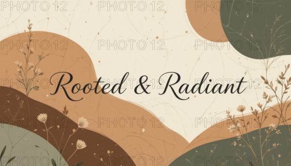 This image features an elegant design with the text 'Rooted & Radiant' set against a backdrop of