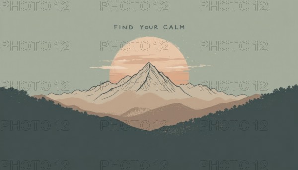 A serene illustration of mountains and a setting sun, conveying a message of tranquility and