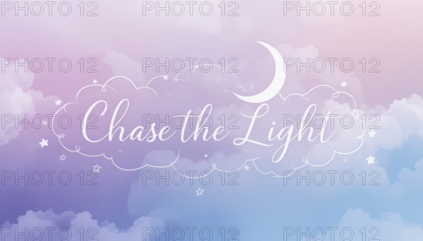 A dreamy scene with clouds, stars, and a crescent moon in pastel colors, featuring the phrase