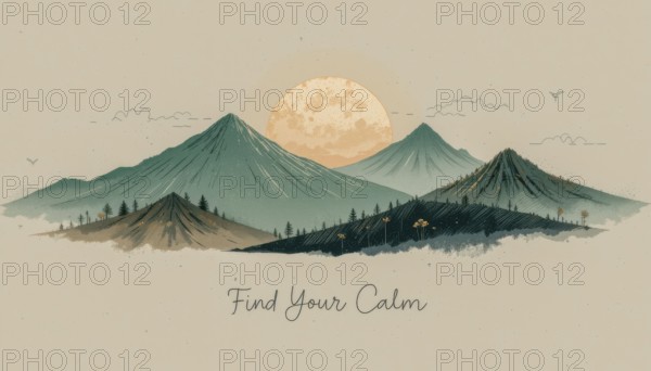 A serene watercolor illustration of mountains with a sunset, evoking peace and tranquility, AI