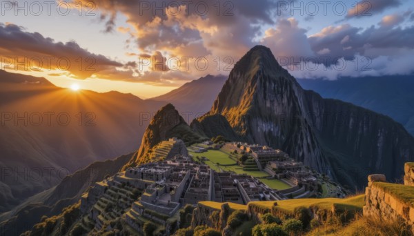 Majestic view of Machu Picchu, an ancient Inca citadel, at sunrise. The golden light bathes the