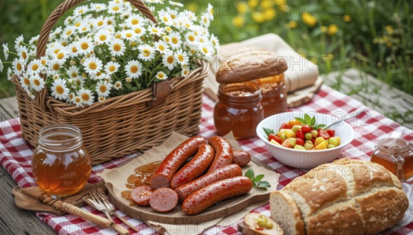 A delightful picnic scene unfolds with daisies, sausages, honey, bread, and a colorful salad on a