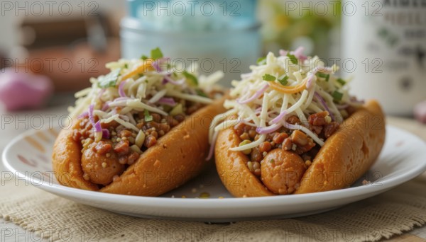 Close-up of two gourmet hot dogs on a plate, topped with coleslaw and other delicious ingredients,