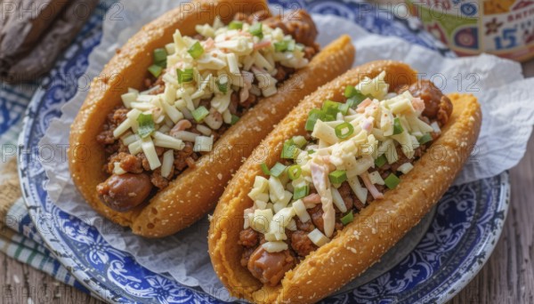 Delicious chili cheese dogs on a decorative plate, a tasty and visually appealing meal ready to be