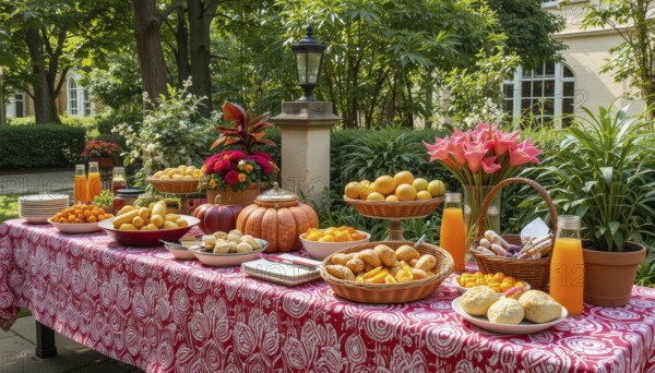 An outdoor buffet table is laden with various treats, pumpkins, and flowers, set against a backdrop