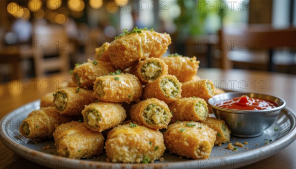A close-up shot of a pile of fried appetizers, served with a side of ketchup. The restaurant