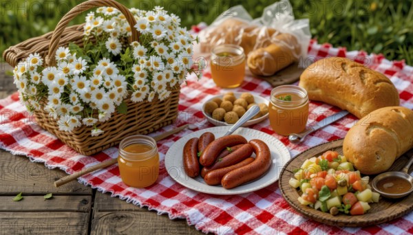 A vibrant picnic scene unfolds, featuring sausages, bread, vegetables, juice, and a basket of