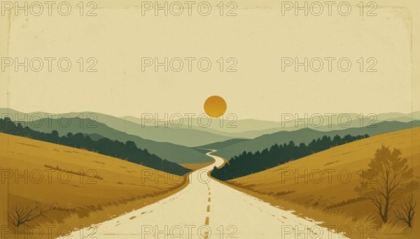 An illustration of a winding road through a valley towards a sunset. The image has a vintage,