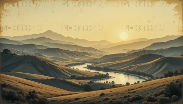 A stunning vista of rolling hills and a winding river, bathed in the warm glow of a sunrise,