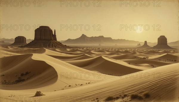 A vast desert landscape features towering rock formations, rolling sand dunes, and a warm, golden