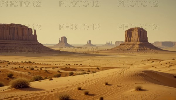 A stunning desert landscape with iconic buttes under a warm, clear sky, featuring the classic