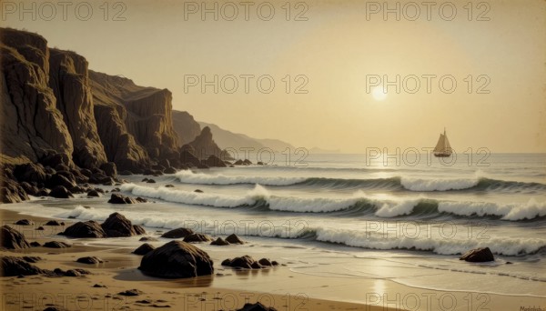 A serene coastal scene at sunset with a sailboat on the horizon. Rugged cliffs frame the beach, AI