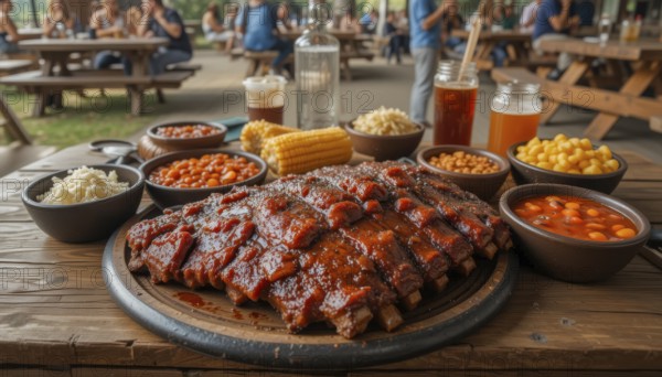 A delicious barbecue feast featuring grilled ribs, baked beans, corn, and beer, perfect for a
