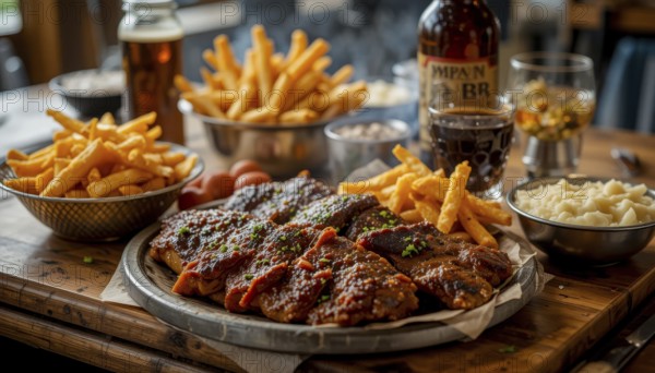 A delectable spread features ribs, fries, and drinks, inviting viewers to savor the flavors of a