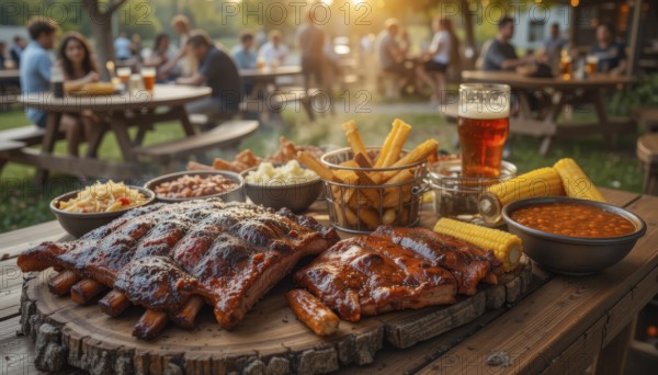 A mouthwatering barbecue spread is laid out on a wooden table, inviting diners to enjoy a festive
