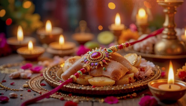 A beautiful Raksha Bandhan arrangement featuring a decorated plate, a rakhi, candles, and festive