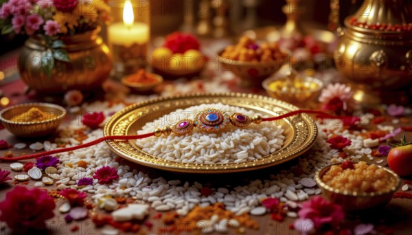 A beautifully decorated Raksha Bandhan setting with a decorated plate, rice, flowers, candles, and