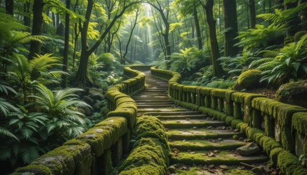 A winding moss-covered stone staircase meanders through a lush, verdant forest, bathed in soft