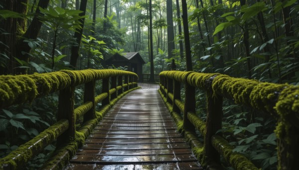 A picturesque wooden bridge winds through a lush, vibrant green forest, leading towards a charming