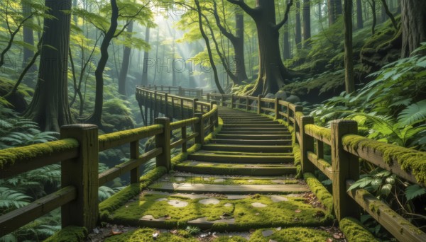 A wooden staircase winds through a lush, green forest, illuminated by sunlight. Moss covers the