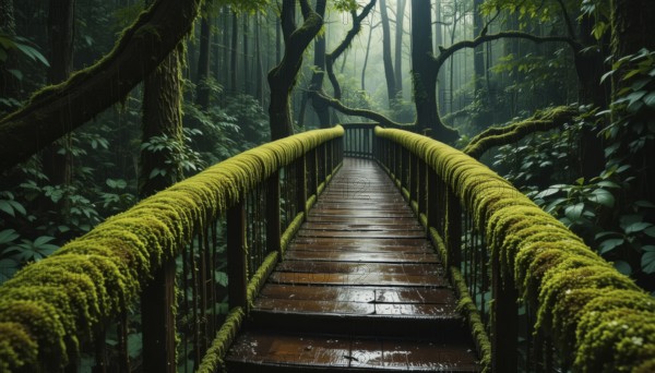 A wooden bridge covered in moss leads into a misty forest, creating a tranquil and inviting scene,