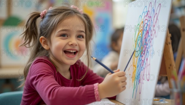 A happy young girl smiles while painting with colorful pencils at an easel in a classroom setting,