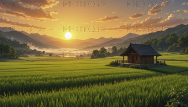 A serene sunrise bathes a Japanese farmhouse in golden light, overlooking lush rice fields and