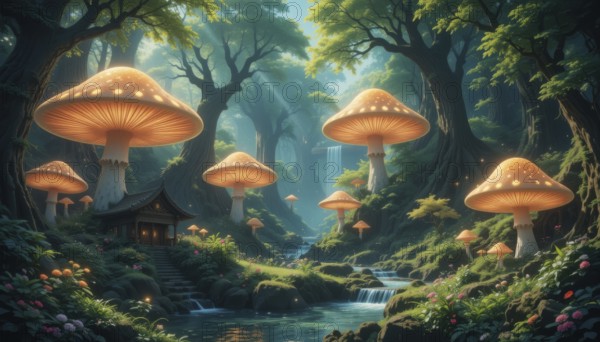 A whimsical forest scene features glowing mushroom houses, a flowing river, and lush greenery,