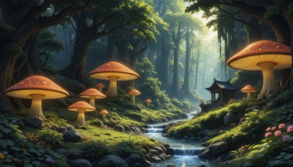 A serene forest scene features vibrant orange mushrooms, a flowing stream, and a traditional Asian