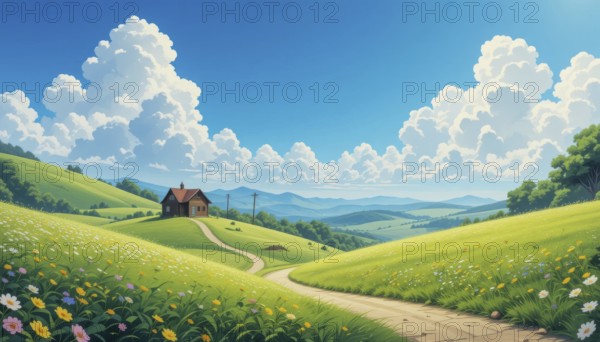 Scenic illustration of a dreamy landscape with a house, winding path, green fields, and fluffy