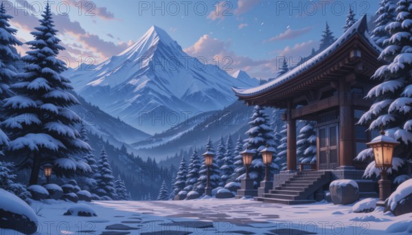 A serene winter landscape features a snow-covered pagoda nestled amidst snow-laden fir trees, with