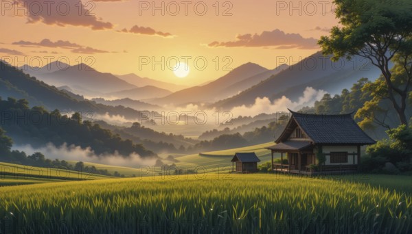 A serene landscape featuring a traditional Japanese house nestled amidst rolling hills, bathed in