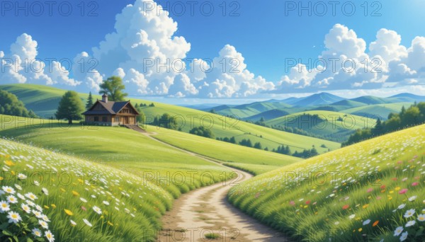 A charming countryside scene with a quaint house nestled on a vibrant green hillside under a bright