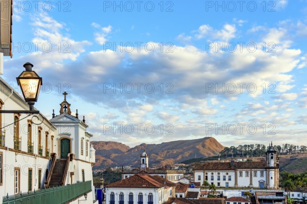 Central area of the historic city of Ouro Preto with church and mansions in baroque and colonial
