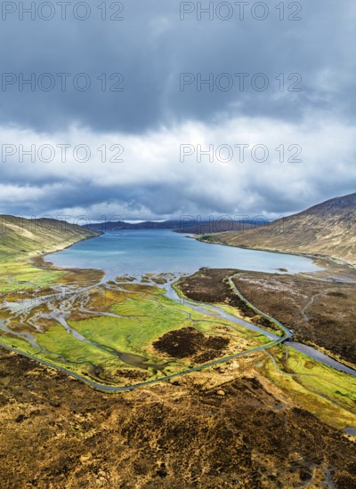 View from Eas a' Bhradain Waterfall from drone, Red Cuillin mountains, Loch Ainort, Isle of Skye,