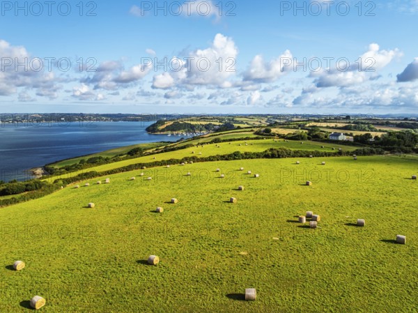 Farms and Fields over St Mawes from drone, Carrick Roads, River Fal, Falmouth, Cornwall, UK