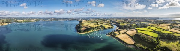 Panorama of Farms and Fields over St Mawes from drone, Carrick Roads, River Fal, Falmouth,