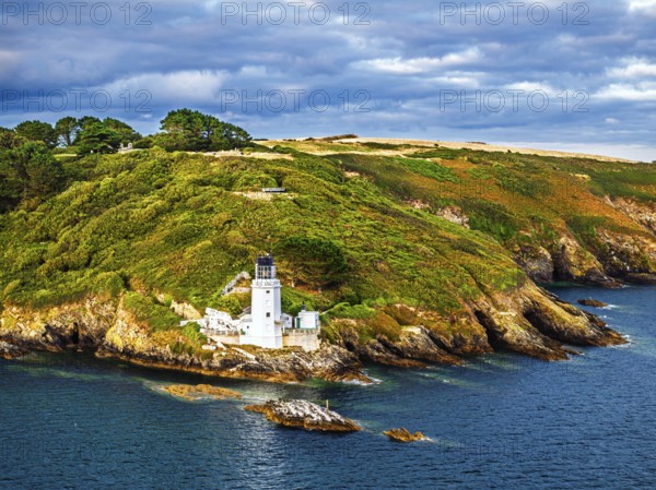 St Anthony Lighthouse from drone, Roseland peninsula, Head circular walk, Cornwall, UK
