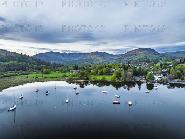 Sunset over Windermere Lake from a drone, Ambleside, Lake District, Cumbria, England, United