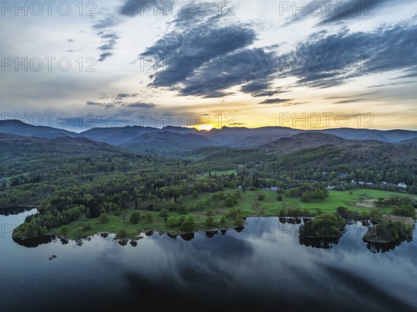 Sunset over Windermere Lake from a drone, Ambleside, Lake District, Cumbria, England, United