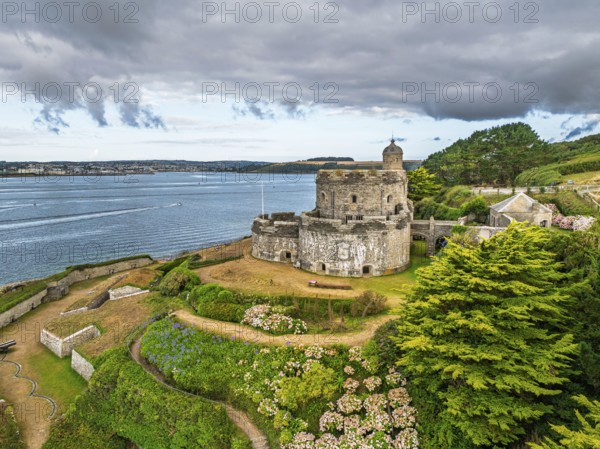St Mawes Castle from a drone, Carrick Roads, River Fal, Falmouth, Cornwall, UK