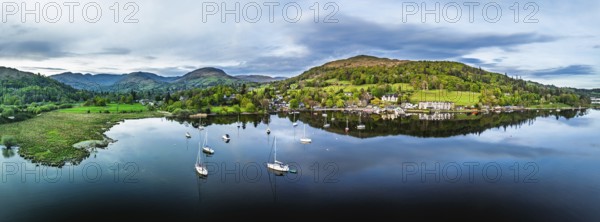 Panorama of Sunset over Windermere Lake from a drone, Ambleside, Lake District, Cumbria, England,